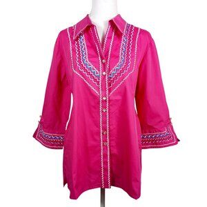 NWT Bob Mackie, Size Large Pink Embroidered Button Front Top, Artsy, Feminine